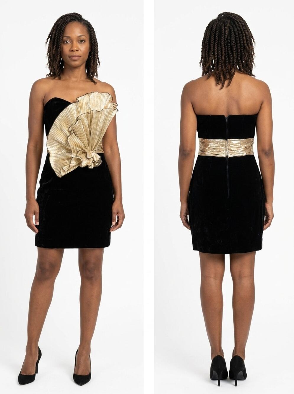 Vintage Dave & Johnny Velvet Strapless Gold Ruffle Dress Women Size 7/8